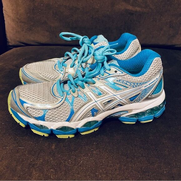 Excellent Asics GEL Nimbus 16 grey blue lime womens running shoes 8 US Medium - Picture 4 of 10